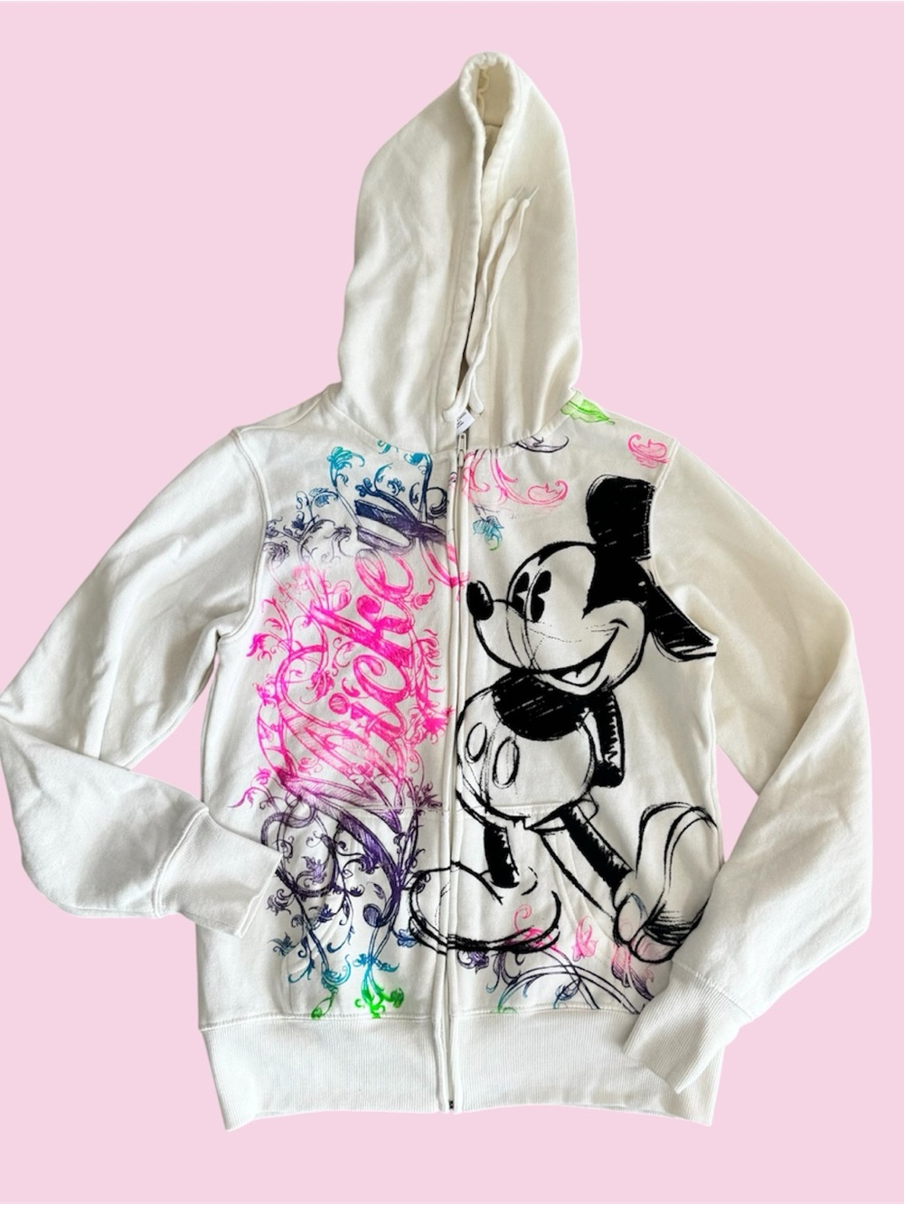Disney White Mickey Mouse Graphic Zip Hoodie with Pink & Purple Accents